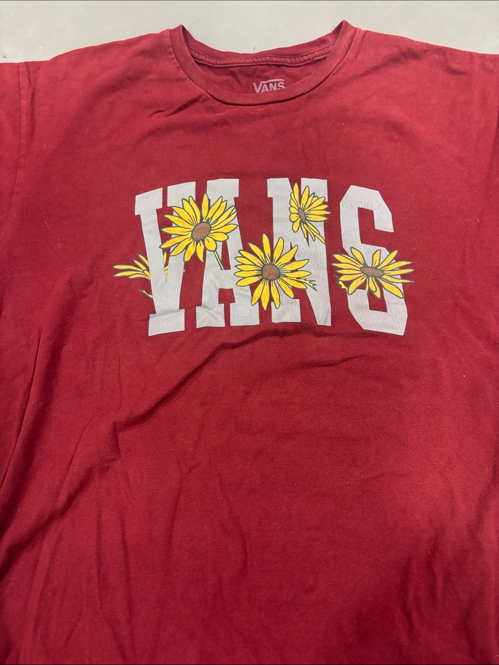 Vans Red Tee with White Logo and Yellow Daisy Graphic